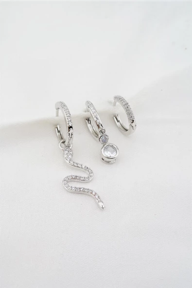 Kadın Altın Kaplama Zirkon Taşlı Yılan Figürlü 3'lü Küpe Seti ürün görseli