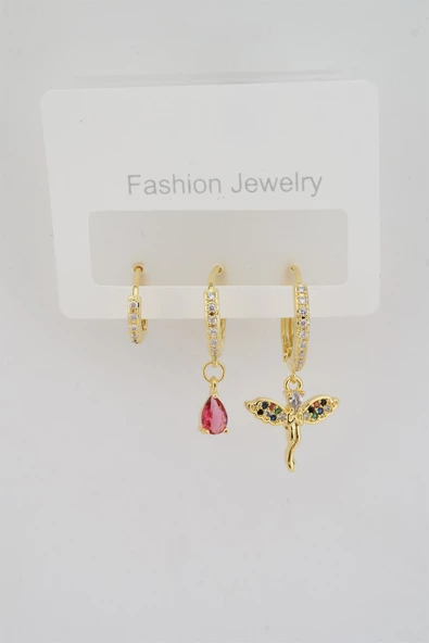 Kadın Altın Kaplama Zirkon Taşlı Melek Figürlü 3'lü Küpe Seti - Resim 2