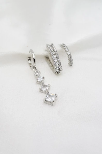 Kadın Altın Kaplama Zirkon Taşlı 3'lü Küpe Seti - Resim 2