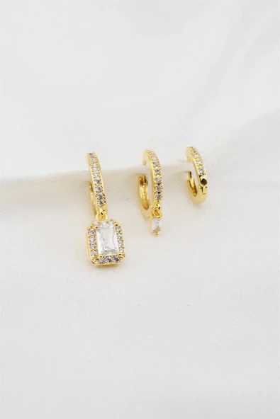 Kadın Altın Kaplama Zirkon Kare Baget Taşlı 3'lü Küpe Seti - Resim 2