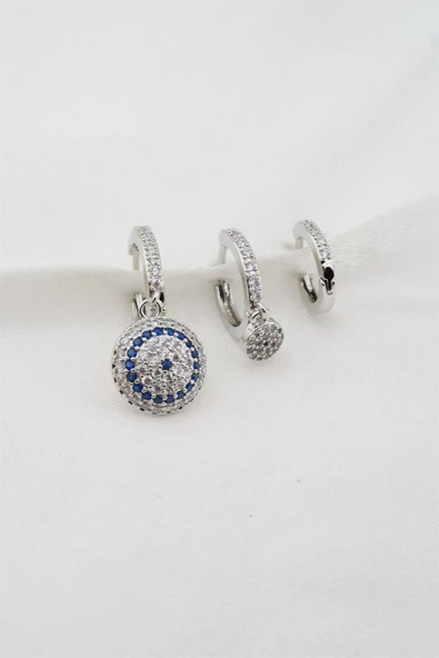 Kadın Altın Kaplama Zirkon Taşlı Nazar Figürlü 3'lü Küpe Seti - Resim 2