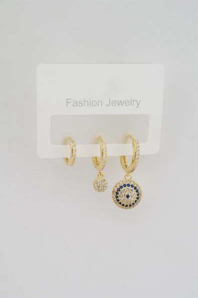 Kadın Altın Kaplama Zirkon Taşlı Nazar Figürlü 3'lü Küpe Seti - Resim 2