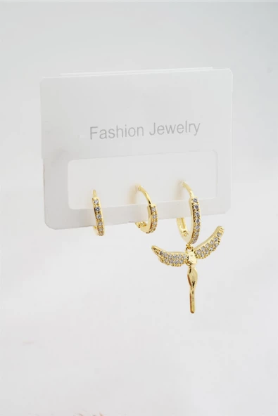 Kadın Altın Kaplama Zirkon Taşlı Melek Figürlü 3'lü Küpe Seti - Resim 2