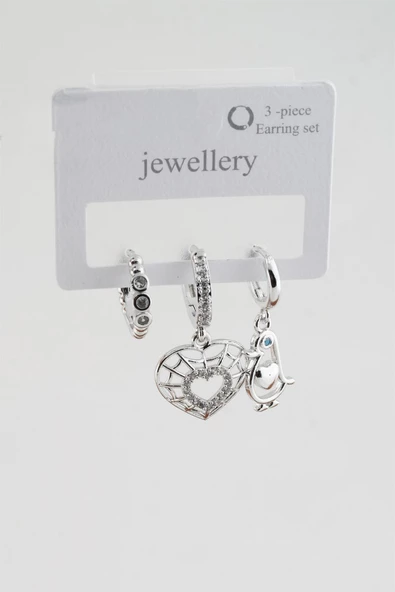 Kadın Zirkon Taşlı Kalp ve Penguen Figürlü 3'lü Küpe Seti - Resim 2