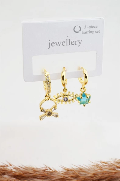 Kadın Zirkon Taşlı Göz Figürlü 3'lü Küpe Seti - Resim 2