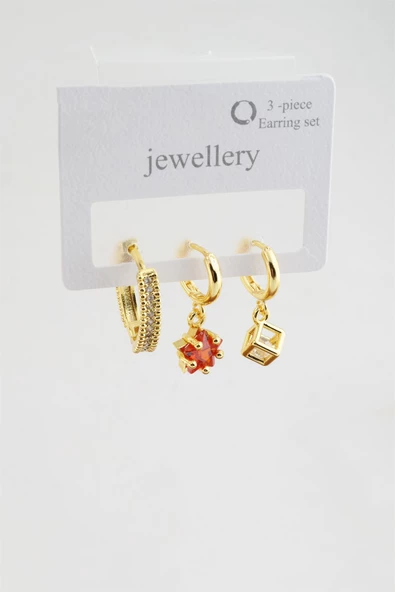 Kadın Zirkon Taşlı Yıldız ve Küp Model 3'lü Küpe Seti - Resim 2