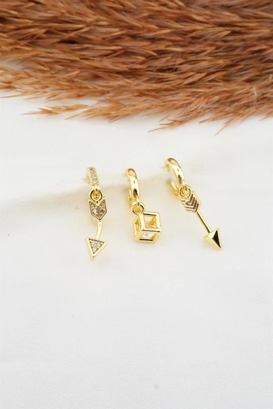 Kadın Zirkon Taşlı Ok Figürlü 3'lü Küpe Seti - Resim 2