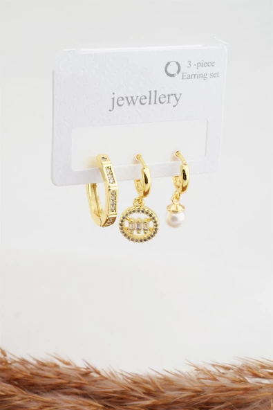 Kadın Baget Zirkon Taşlı İnci Detaylı 3'lü Küpe Seti - Resim 2