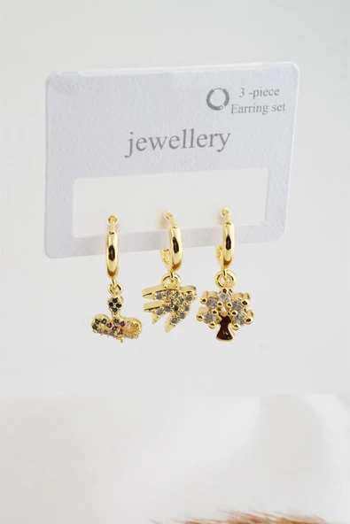 Kadın Zirkon Taşlı Yılan ve Kırlangıç Figürlü 3'lü Küpe Seti - Resim 2