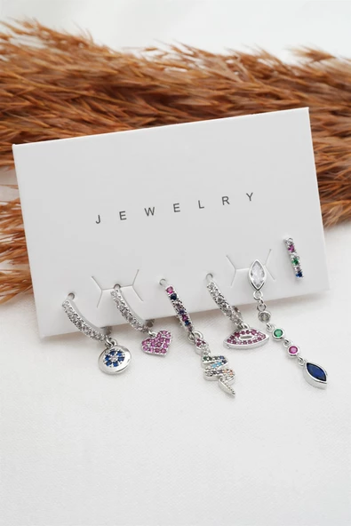 Kadın Altın Kaplama Renkli Yılan ve Kalp Figürlü 6'lı Set Küpe ürün görseli