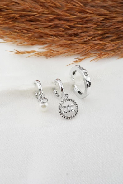 Kadın Baget Zirkon Taşlı İnci Detaylı 3'lü Küpe Seti