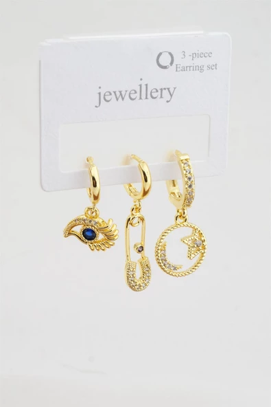 Kadın Zirkon Taşlı Çengelli İğne ve Göz Figürlü 3'lü Küpe Seti - Resim 2