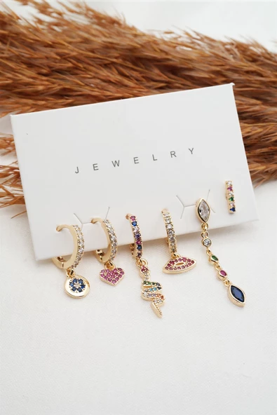 Kadın Altın Kaplama Renkli Yılan ve Kalp Figürlü 6'lı Set Küpe ürün görseli