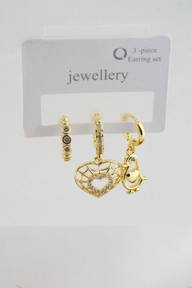 Kadın Zirkon Taşlı Kalp ve Penguen Figürlü 3'lü Küpe Seti - Resim 2