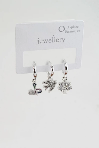 Kadın Zirkon Taşlı Yılan ve Kırlangıç Figürlü 3'lü Küpe Seti - Resim 2