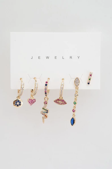 Kadın Altın Kaplama Renkli Yılan ve Kalp Figürlü 6'lı Set Küpe - Resim 2