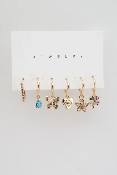 Kadın Altın Kaplama Renkli Kelebek ve Yonca Figürlü 6'lı Set Küpe - Resim 2