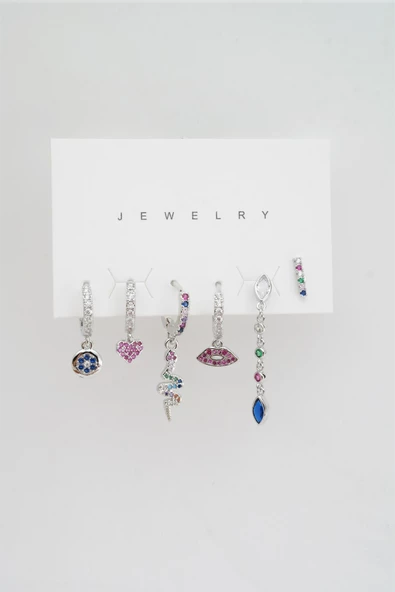 Kadın Altın Kaplama Renkli Yılan ve Kalp Figürlü 6'lı Set Küpe - Resim 2