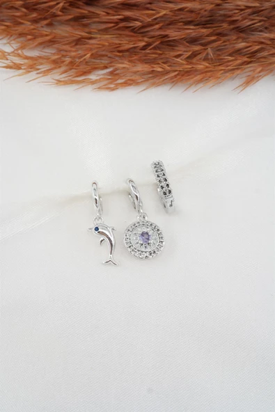 Kadın Zirkon Taşlı Yunus Balığı Figürlü 3'lü Küpe Seti ürün görseli