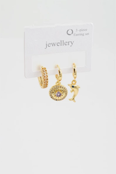 Kadın Zirkon Taşlı Yunus Balığı Figürlü 3'lü Küpe Seti - Resim 2