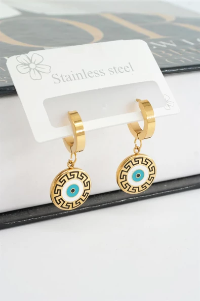 Kadın 316L Çelik Kararmaz Mineli Nazar Figürlü Küpe Seti - Resim 2