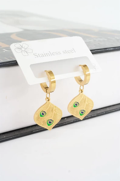 Kadın 316L Çelik Kararmaz Mineli Tüy Figürlü Küpe Seti - Resim 2