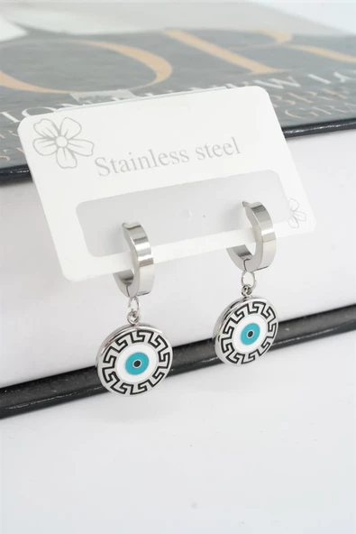 Kadın 316L Çelik Kararmaz Mineli Nazar Figürlü Küpe Seti - Resim 2