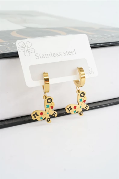 Kadın 316L Çelik Kararmaz Mineli Kelebek Figürlü Küpe Seti - Resim 2