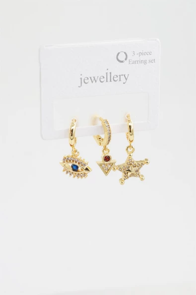 Kadın Zirkon Taşlı Yıldız ve Göz Figürlü ve Amatis Taşlı 3'lü Küpe Seti - Resim 2