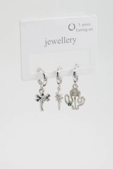 Kadın Zirkon Taşlı Kaktüs Figürlü 3'lü Küpe Seti - Resim 2