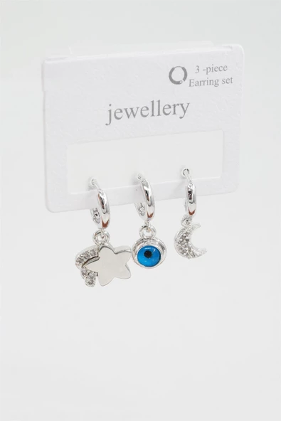 Kadın Zirkon Taşlı Ay ve Yıldız Figürlü 3'lü Küpe Seti - Resim 2