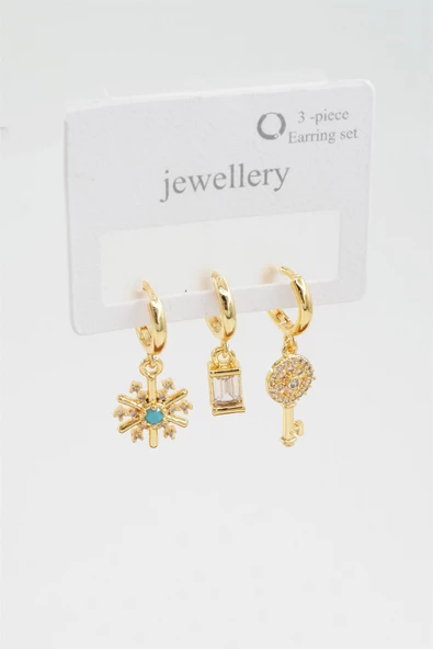 Kadın Baget Zirkon Taşlı Kilit Figürlü 3'lü Küpe Seti - Resim 2