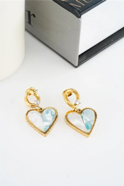 Kadın 316L Çelik Kararmaz Zirkon Taşlı Sedefli Kalp Figürlü Küpe Seti - Resim 2