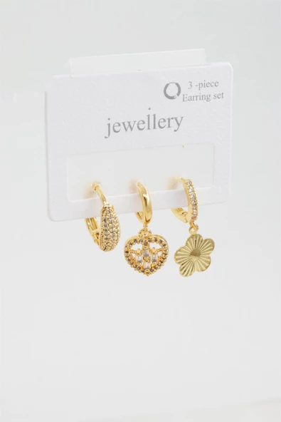 Kadın Baget Zirkon Taşlı Kalp Figürlü 3'lü Küpe Seti - Resim 2