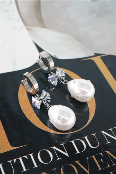 Kadın 316L Çelik Kararmaz Baget Zirkon Taşlı İncili Küpe Seti - Resim 3