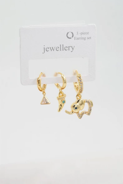 Kadın Zirkon Taşlı Fil Figürlü 3'lü Küpe Seti - Resim 2