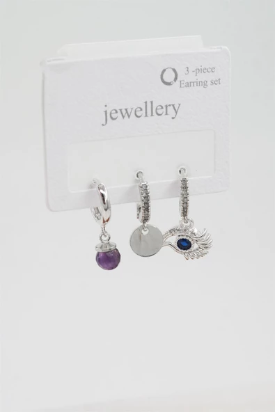 Kadın Zirkon Taşlı Göz Figürlü ve Ametist Taşlı 3'lü Küpe Seti - Resim 2