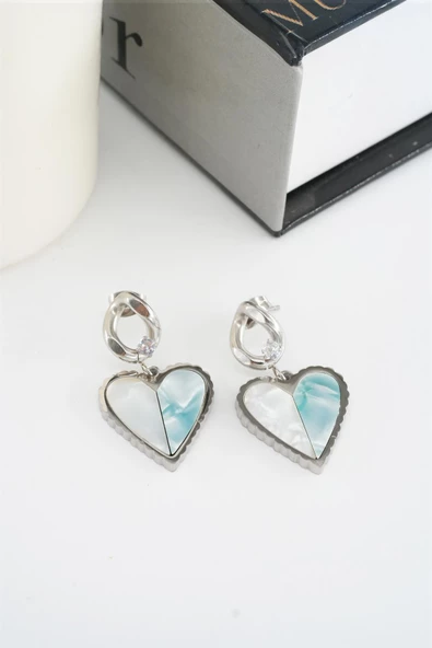 Kadın 316L Çelik Kararmaz Zirkon Taşlı Sedefli Kalp Figürlü Küpe Seti - 3