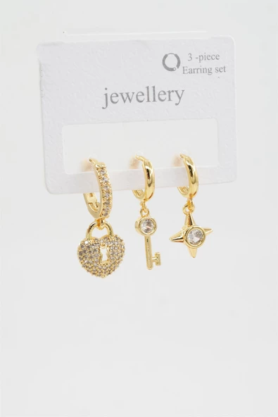 Kadın Zirkon Taşlı Kalp ve Kilit Figürlü 3'lü Küpe Seti - Resim 2