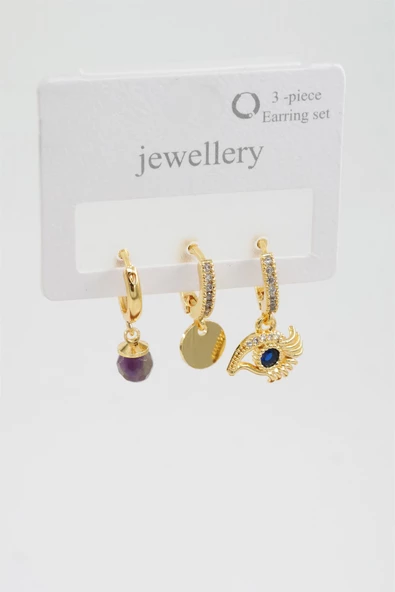 Kadın Zirkon Taşlı Göz Figürlü ve Ametist Taşlı 3'lü Küpe Seti - Resim 2