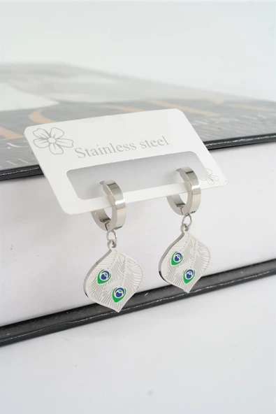 Kadın 316L Çelik Kararmaz Mineli Tüy Figürlü Küpe Seti - Resim 2