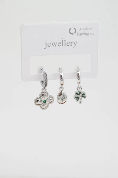 Kadın Zirkon Taşlı Yonca Figürlü 3'lü Küpe Seti - Resim 2