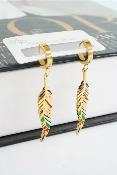 Kadın 316L Çelik Kararmaz Mineli Tüy Figürlü Küpe Seti - Resim 2