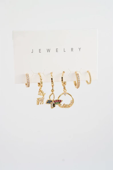 Kadın Altın Kaplama Karışık Figürlü 6'lı Küpe Seti - Resim 2