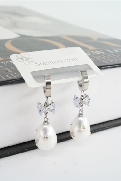 Kadın 316L Çelik Kararmaz Baget Zirkon Taşlı İncili Küpe Seti - Resim 2