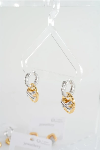 Kadın Vip Seri Zirkon Baget Taşlı Çift Renk'li  Elips Model  Küpe - Resim 2