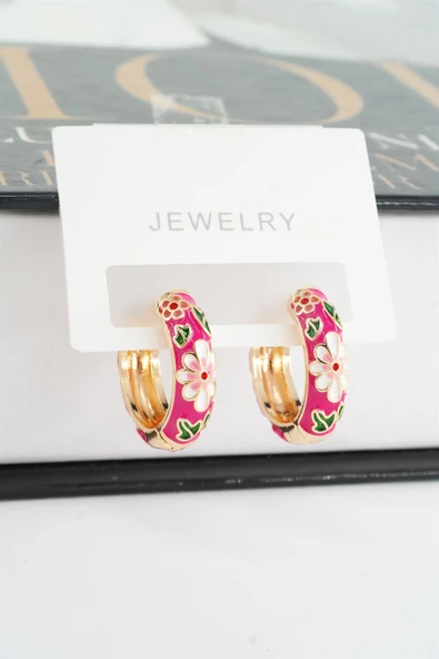 Kadın Özel Seri Mineli Çiçek Motifli Kararmaz 2 cm Halka Küpe Seti - 2