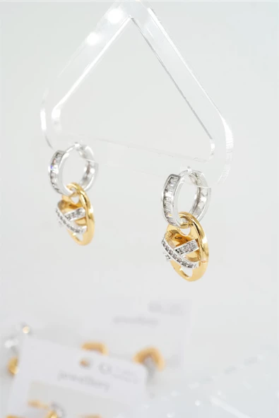 Kadın Vip Seri Zirkon Baget Taşlı Çift Renk'li  Elips Model  Küpe - Resim 3