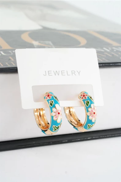 Kadın Özel Seri Mineli Çiçek Motifli Kararmaz 2 cm Halka Küpe Seti - 2