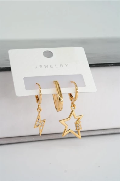 Kadın Altın Kaplama Zirkon Taşlı Yıldız ve Şimşek Figürlü 3'lü Küpe Set